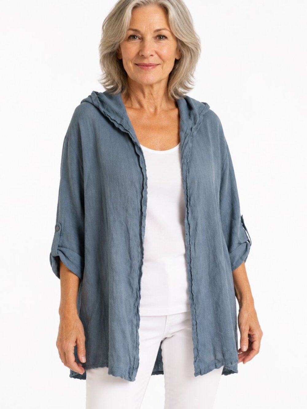 Nina Kendosa Blue Linen Casual Hooded Open Front Pocket Cardigan Jacket Sz M/L